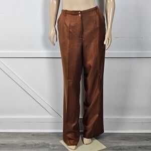 Talbots Pure Silk Wide Leg Pants 16 Long Rust Brown High Rise Trousers Lined